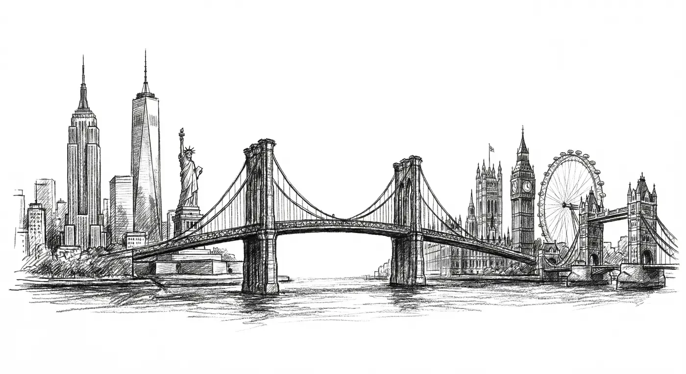 Hand-sketched skyline connecting New York and London
